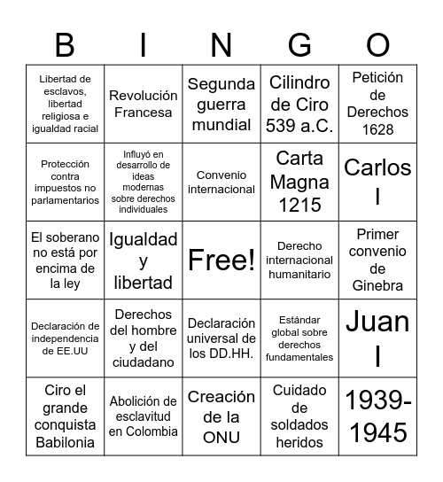 Historia de Derechos Humanos Bingo Card