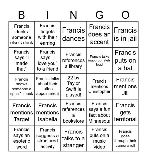 Francis Bingo Card