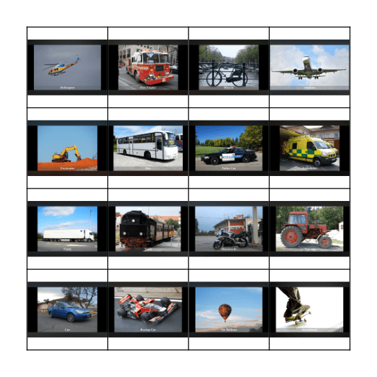 Vehicle Sound Bingo Card