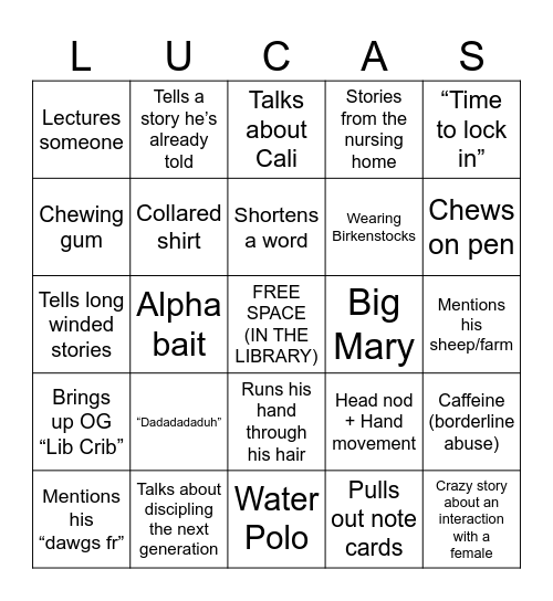Thomas Lucas Bingo Card