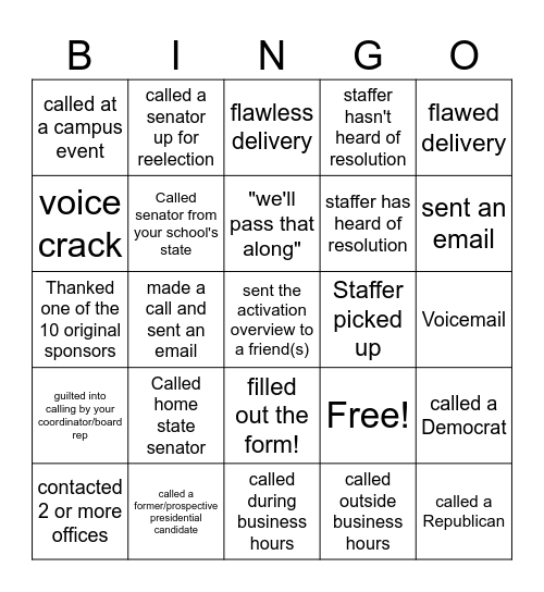 Activation Bingo Card