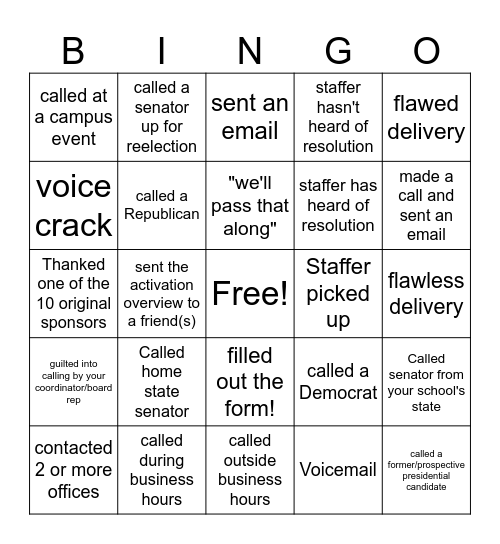 Activation Bingo Card