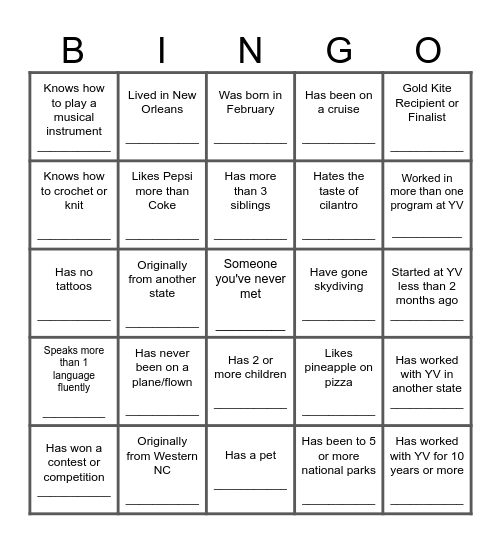 Youth Villages - About Me Bingo Card