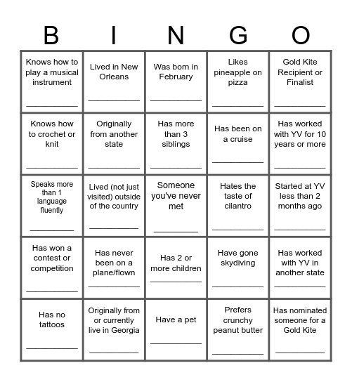 Youth Villages - About Me Bingo Card