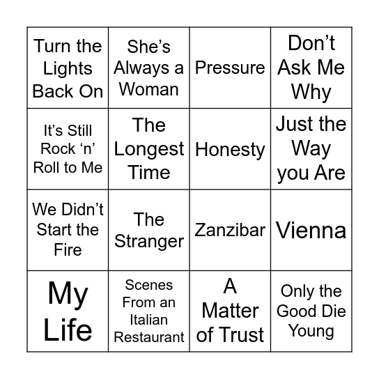 Billy Joel Bingo Card