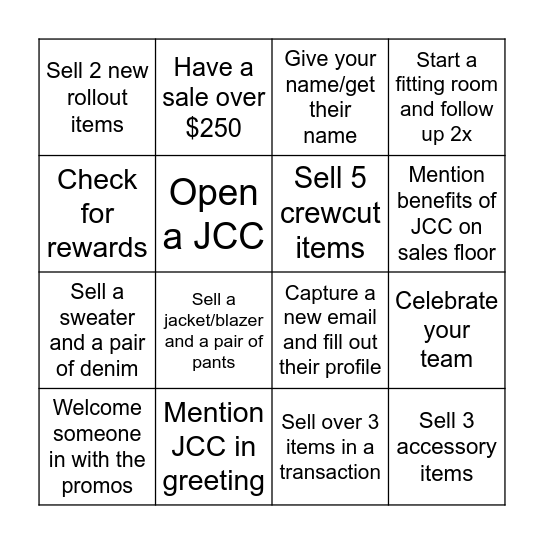 J CREW BINGO Card