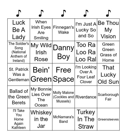 Irish Song Bingo Card