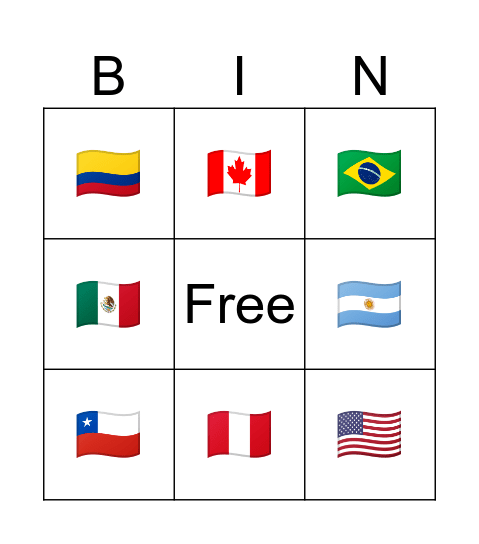 Countries Bingo Card