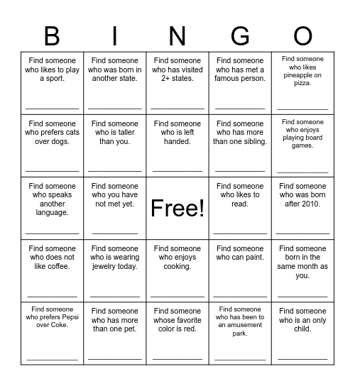 Find Someone Who Bingo Card