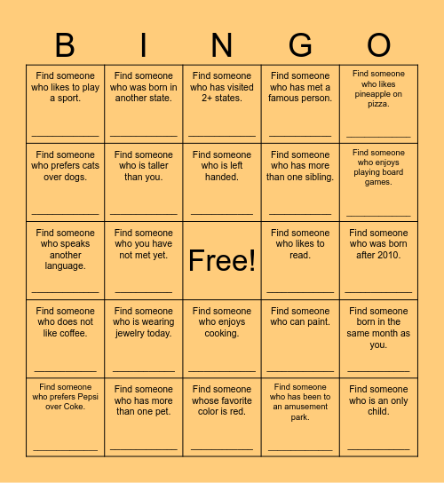 Find Someone Who Bingo Card