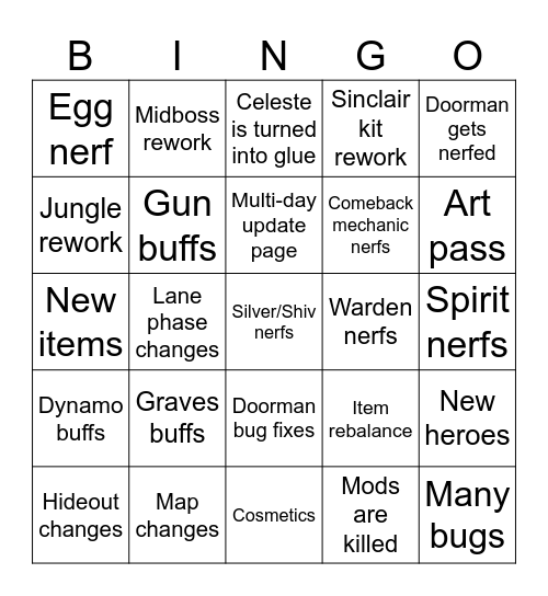 September Deadlock Update Bingo Card
