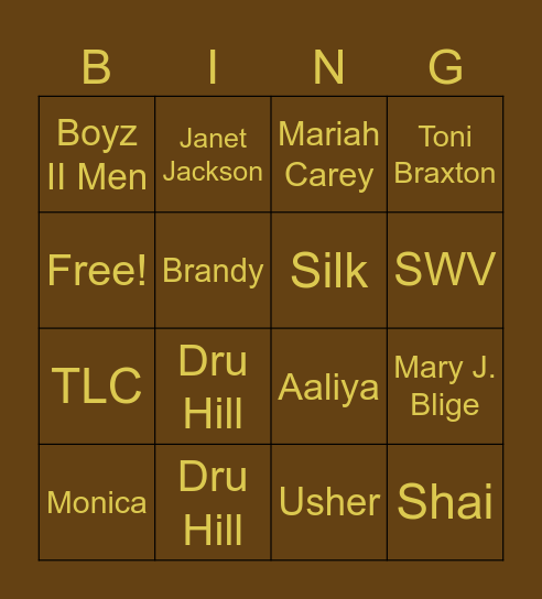 90's R&b Bingo Card