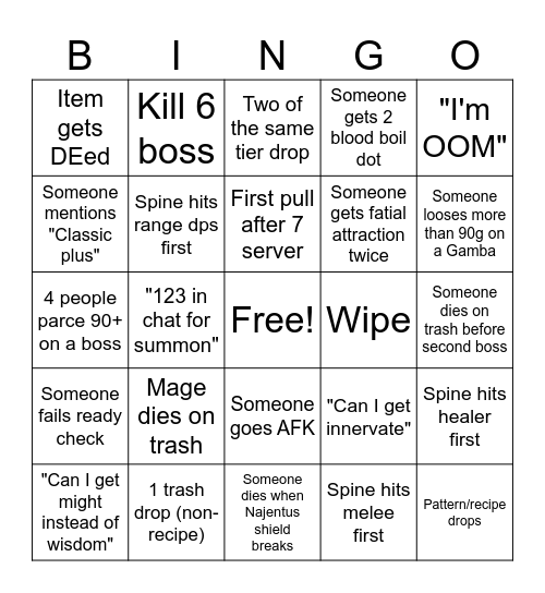 Raid Bingo Card