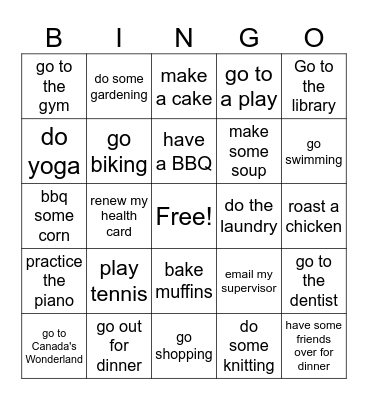 Verbs (and objects) for Simple Verb Tense Practice Bingo Card