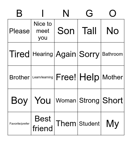 ASL Lesson 1/2 Bingo Card