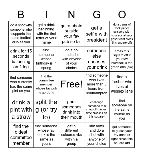 PubSoc Freshers Bingo!! Bingo Card
