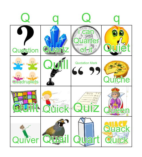 Letter Qu Bingo Card