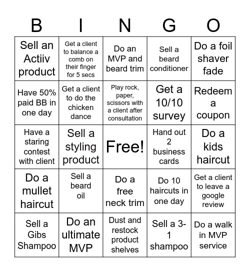 Sport Clips Bingo Card