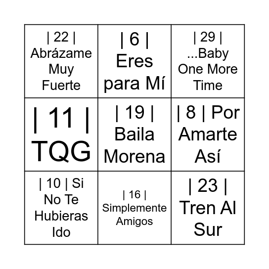 Bingo La Frau Musical Bingo Card
