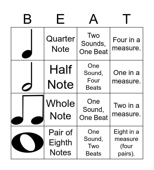Rhythm Identification Bingo Card
