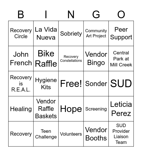 Recovery Bingo Card