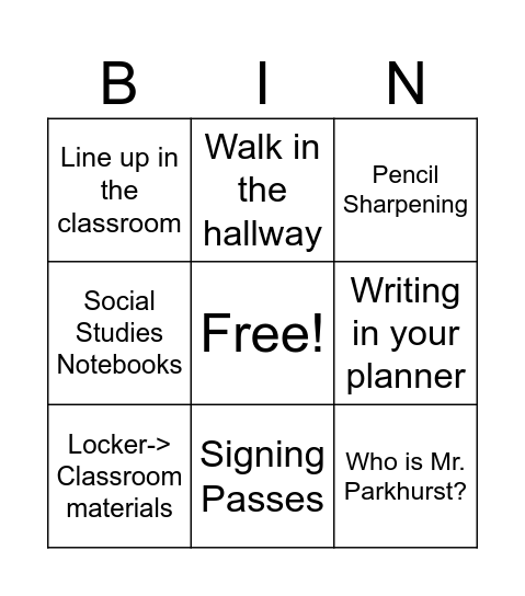 Class Procedures Bingo Card
