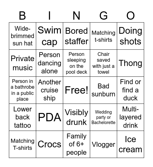 Family friendly cruise ship bingo Card