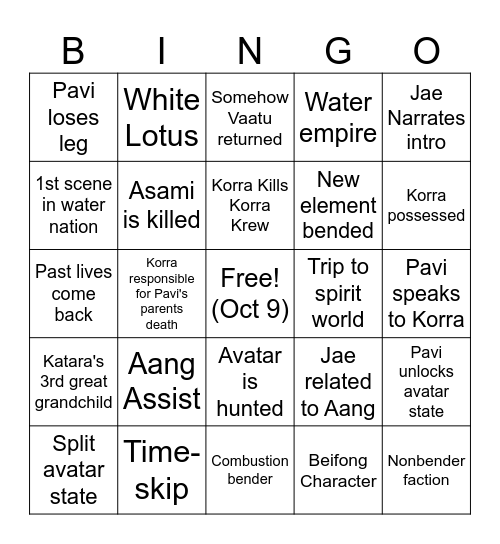 Avatar Seven Havens v2 Bingo Card