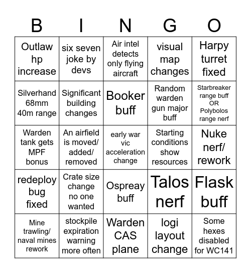 Foxhole Update 67 BINGO Card