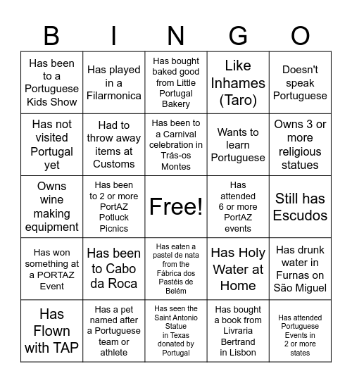 PortAZ Bingo Card