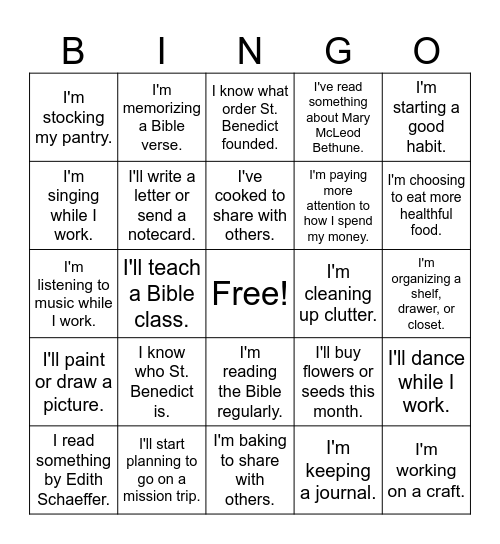 Things I'm doing this month Bingo Card