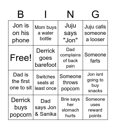 Movie Theater Bingo Card