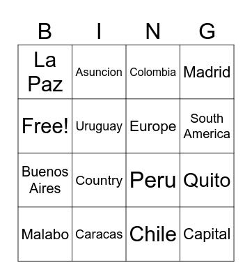Sudamerica Bingo Card