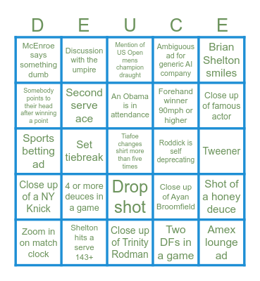 US Open Semifinals 2026 Bingo Card