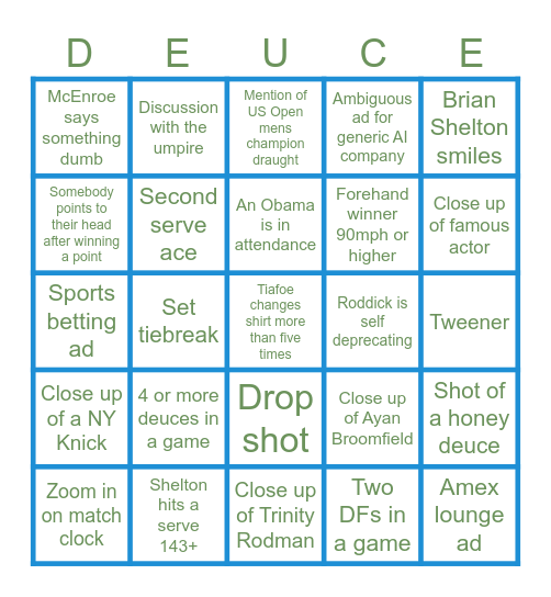 US Open Semifinals 2026 Bingo Card