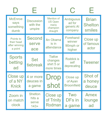 US Open Semifinals 2026 Bingo Card