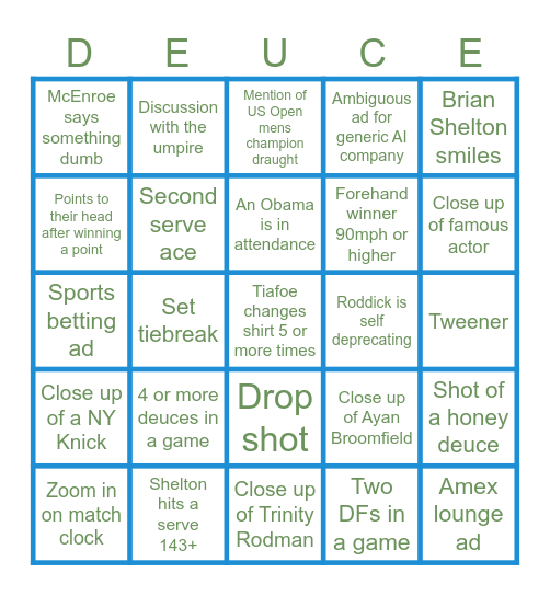 US Open Semifinals 2026 Bingo Card