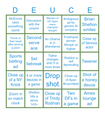 US Open Semifinals 2026 Bingo Card