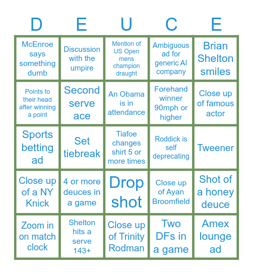 US Open Semifinals 2026 Bingo Card