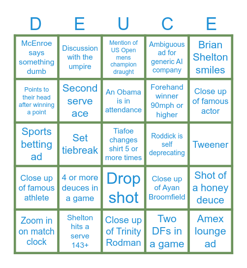 US Open Semifinals 2026 Bingo Card