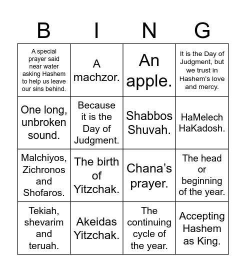Rosh Hashanah Day 1 Bingo Card