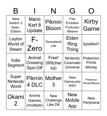 nintendo direct 9/9 Bingo Card