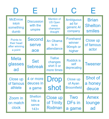 US Open Semifinals 2026 Bingo Card