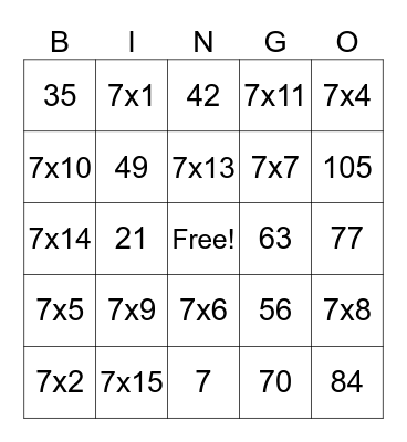 7's Multiplication Bingo Card