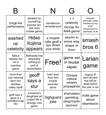 Game Awards Bingo Card