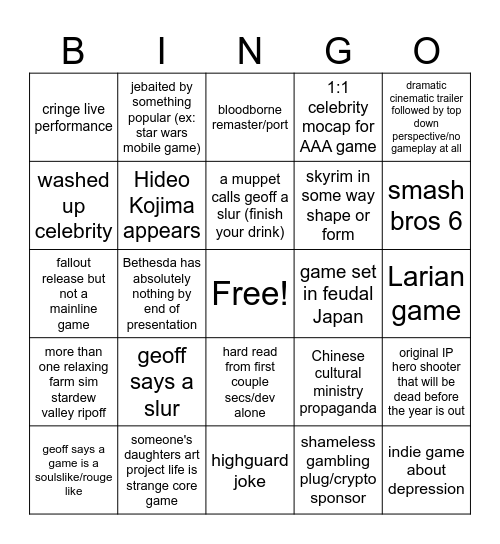 Game Awards Bingo Card
