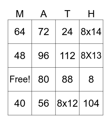 8's Multiplication Bingo Card