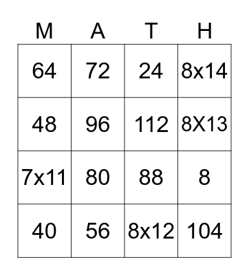 8's Multiplication Bingo Card