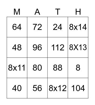 8's Multiplication Bingo Card