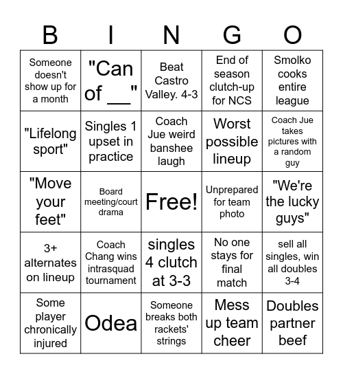 Berkeley High Tennis Bingo Card